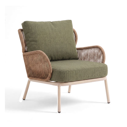 Lounge chair with light metal frame, woven rope details, and olive green cushions on a white background