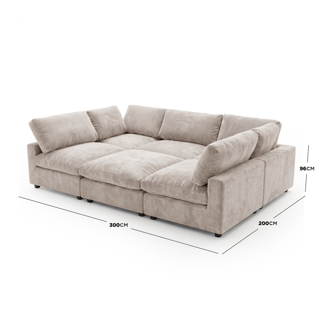 Light beige sectional sofa on a white background with dimension lines and measurements.