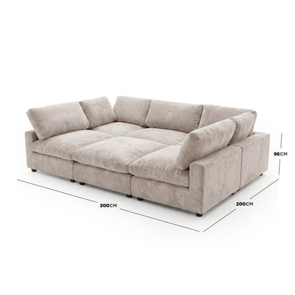 Light beige sectional sofa on a white background with dimension lines and measurements.