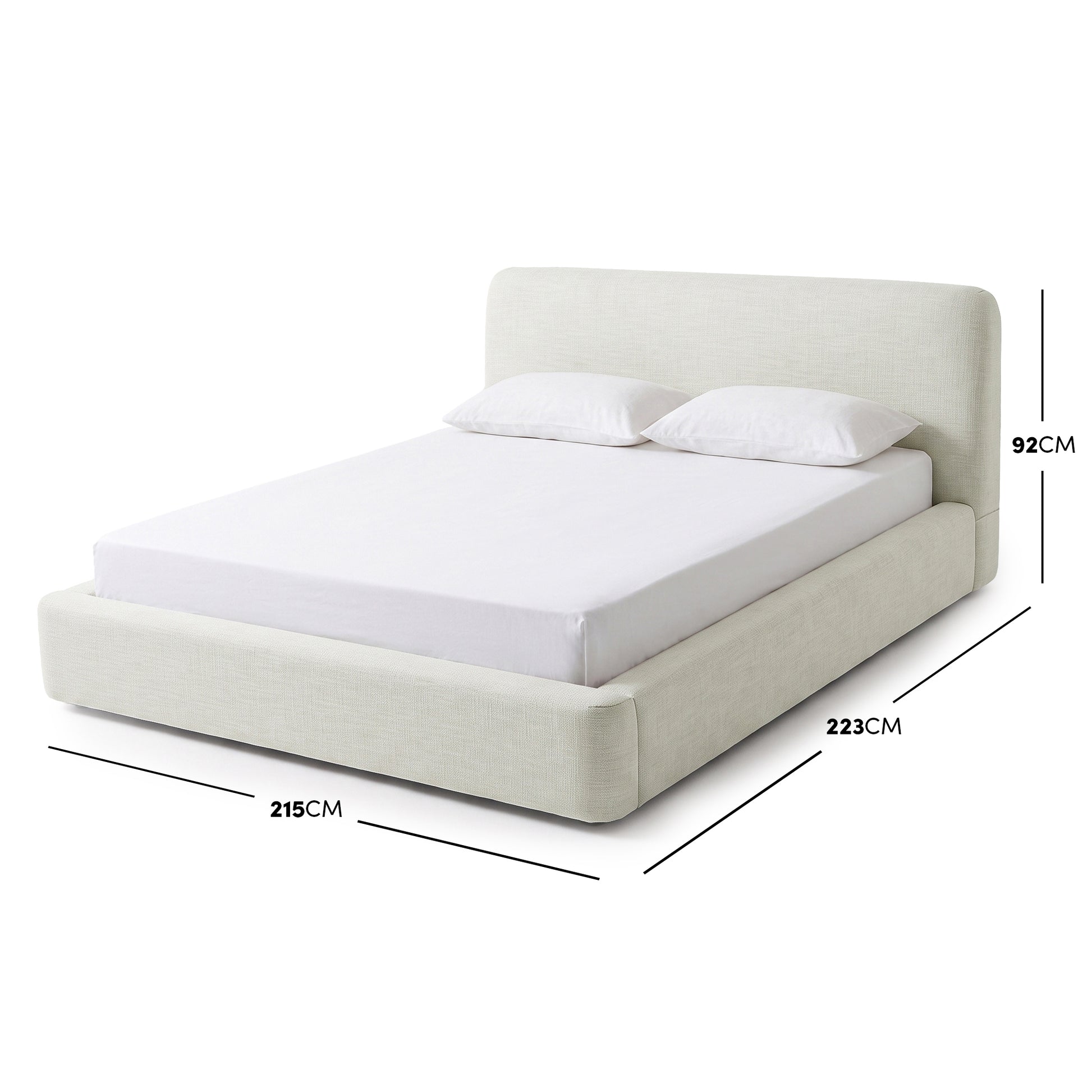 Modern upholstered bed on white background with dimension measurements shown