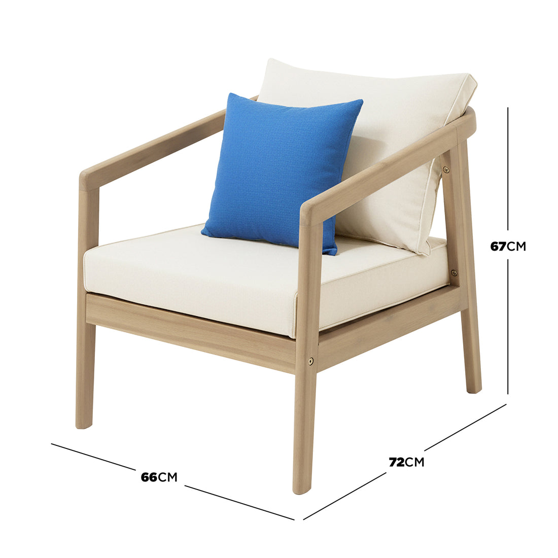 Delva 4 Seater Hardwood Acacia Outdoor Sofa Set features a modern wooden armchair with light-wood frame, off-white cushions, and a blue throw pillow, offering a stylish, cozy patio seating solution.