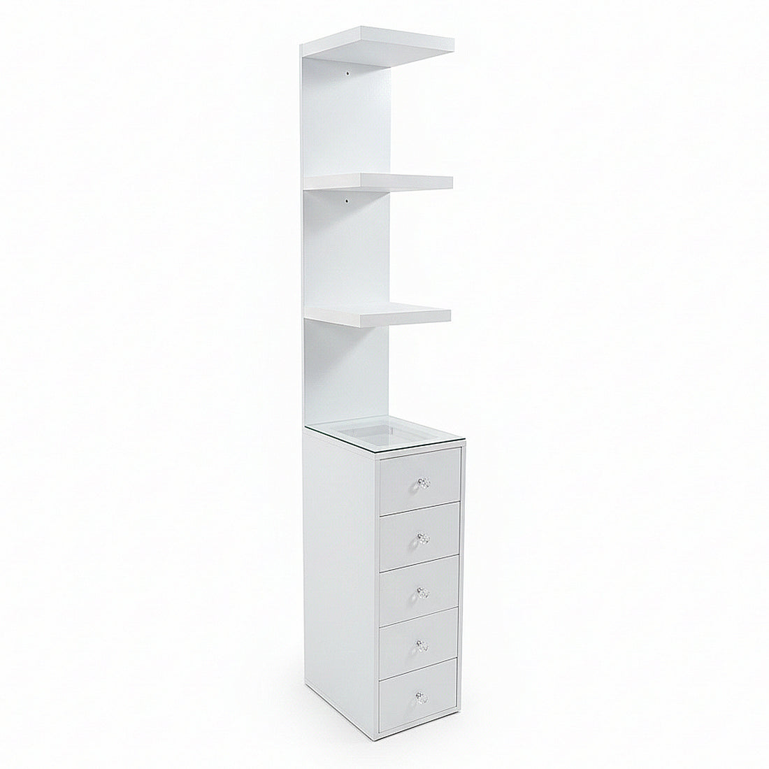 Slim white storage unit with three open shelves and four drawers on white background