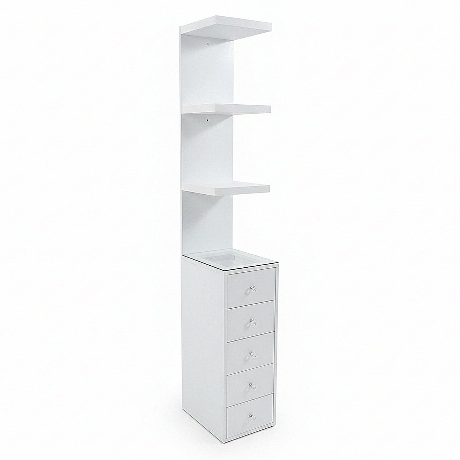 Slim white storage unit with three open shelves and four drawers on white background