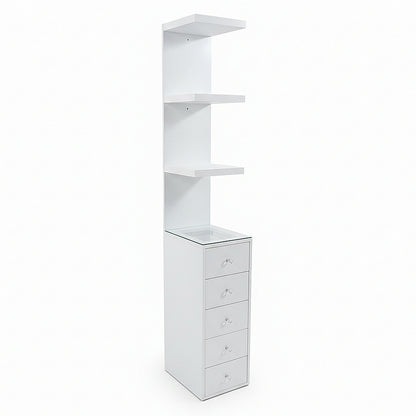 Slim white storage unit with three open shelves and four drawers on white background