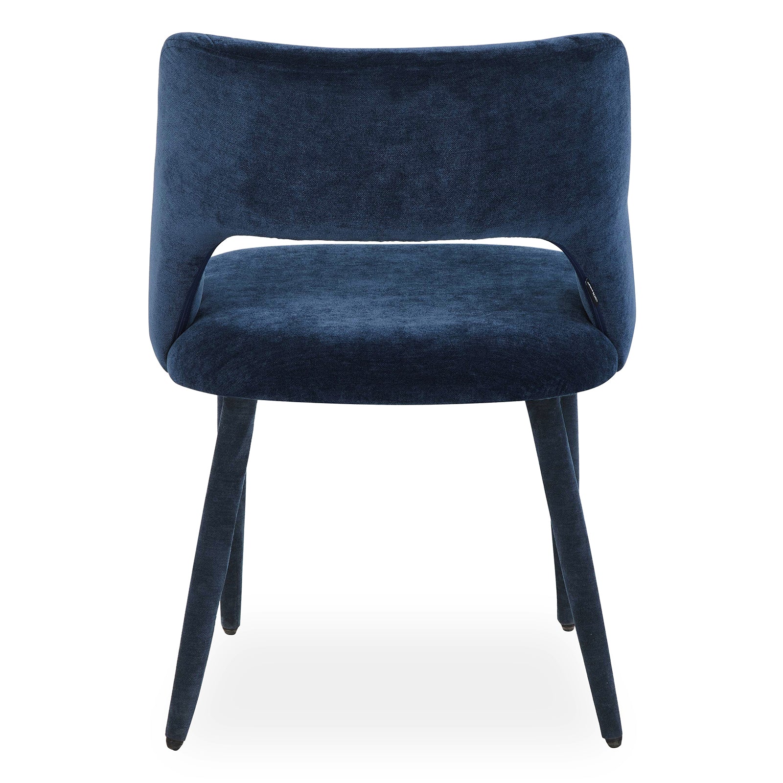 Dark blue velvet chair on white background, front-facing view