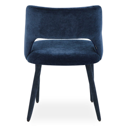 Dark blue velvet chair on white background, front-facing view