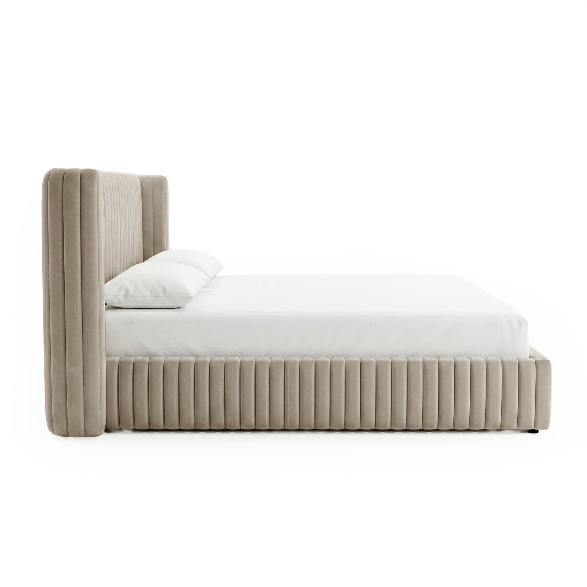 Side profile of beige upholstered bed with vertical channel tufting