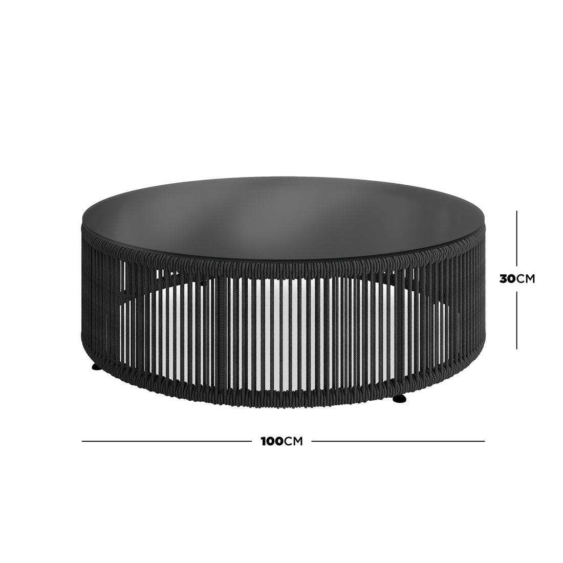 Solari 4 Seater Wicker Outdoor Sofa Set in Black features a round coffee table with a black metal top and wrapped-rope skirt, complementing the elegant outdoor seating arrangement.