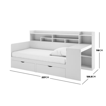Hally Storage Single Bed with Desk and Drawers in White featuring a single-size platform, built-in storage drawers, cubby shelves, and an integrated desk with additional shelving.