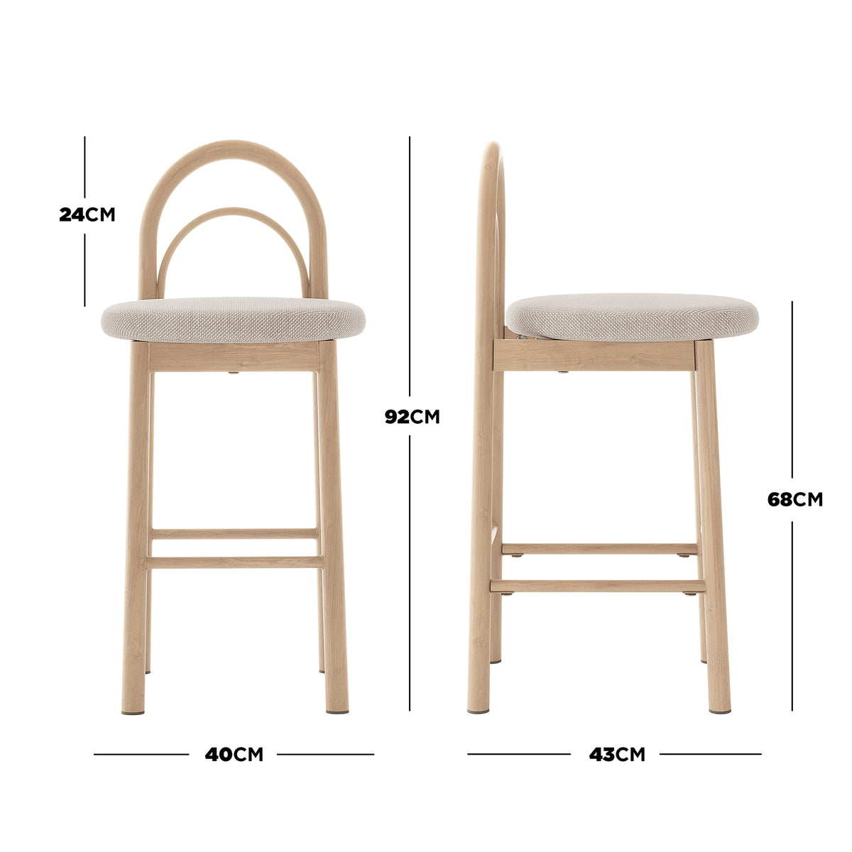 Modern upholstered bar stool shown with dimension measurements on a white background