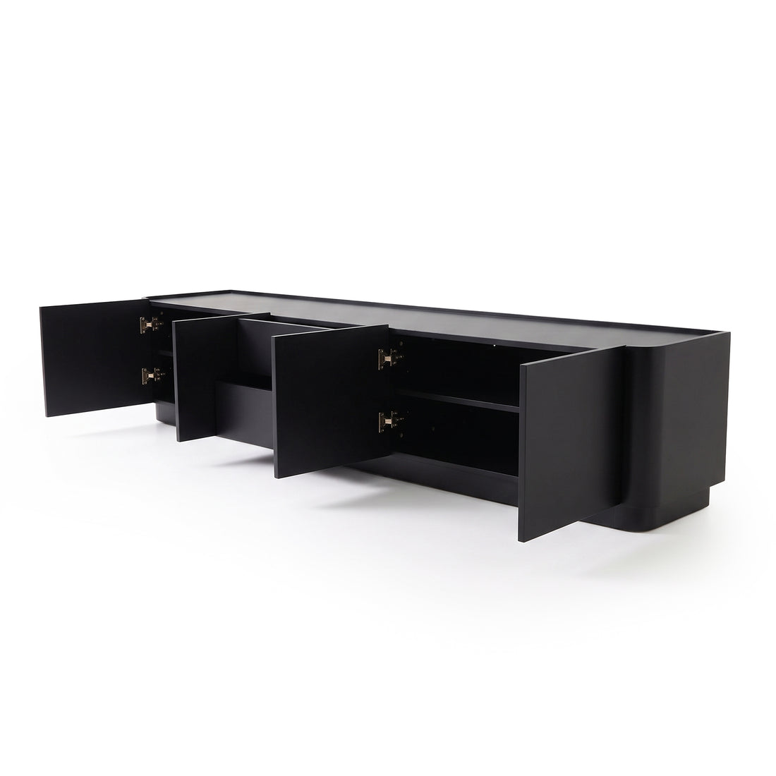 Black TV stand with open doors on a white background