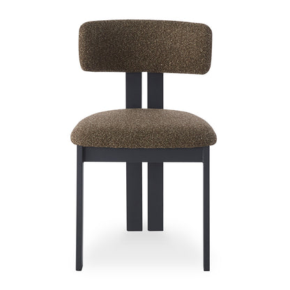 Haleo Curved Boucle Dining Chair Set of 2 features a modern design with a gently curved, padded backrest and cushioned seat in textured fabric, complemented by slim, matte-black metal legs.