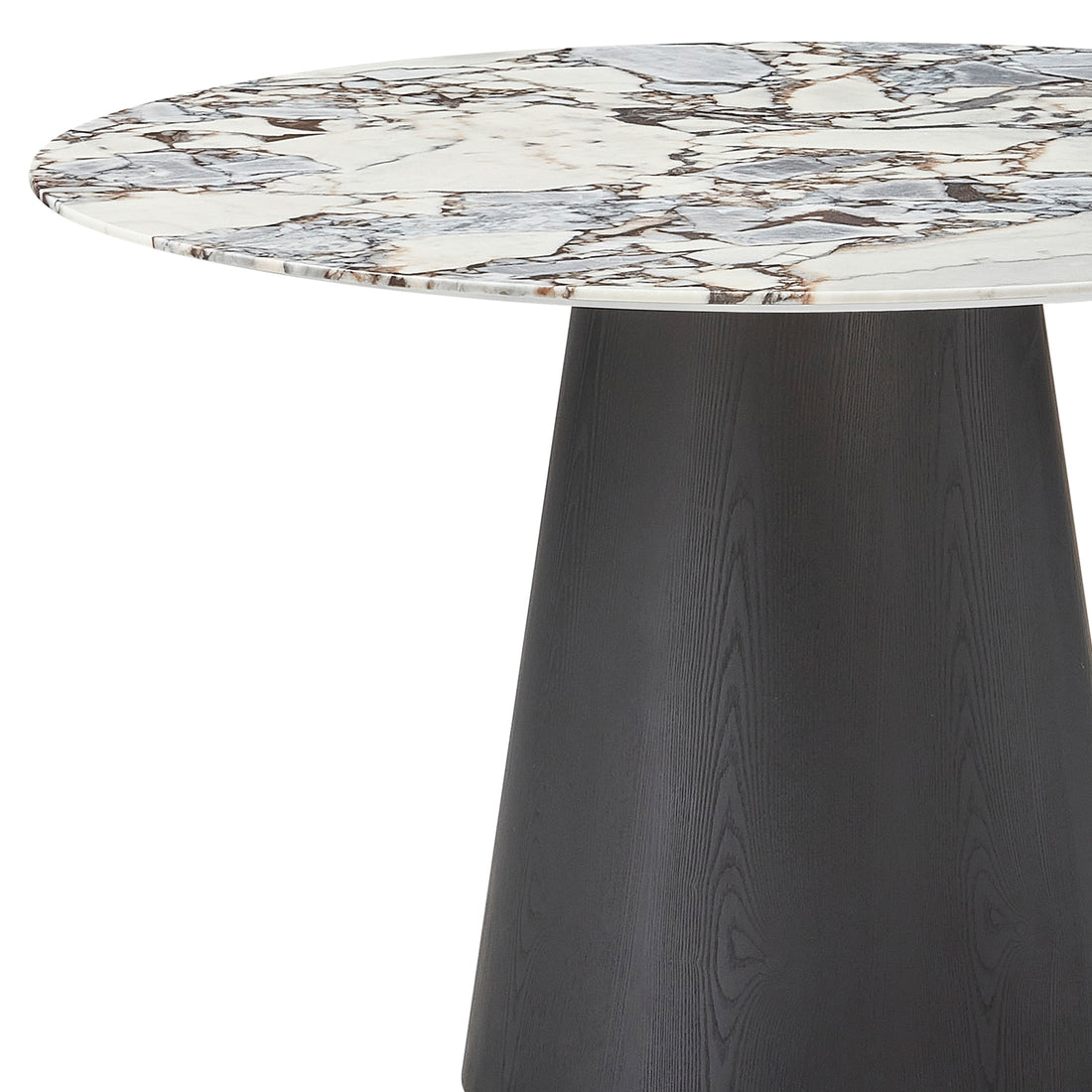 Dina 120cm Round Marble Dining Table features a white marble top with gray and tan veining on a dark wood pedestal base, offering a refined, space-saving design for modern dining spaces.