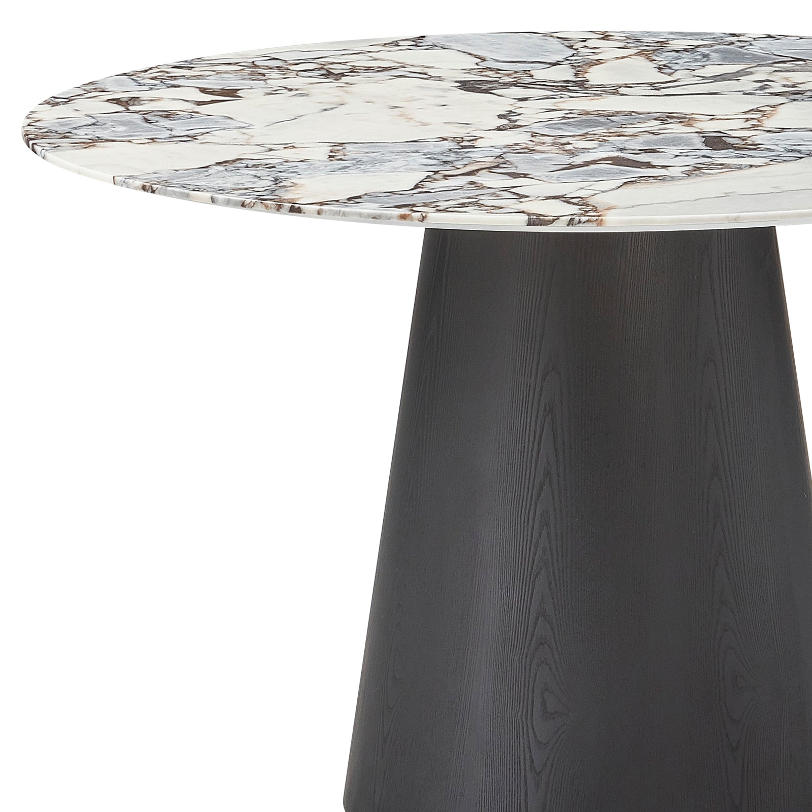 Dina 120cm Round Marble Dining Table features a white marble top with gray and tan veining on a dark wood pedestal base, offering a refined, space-saving design for modern dining spaces.