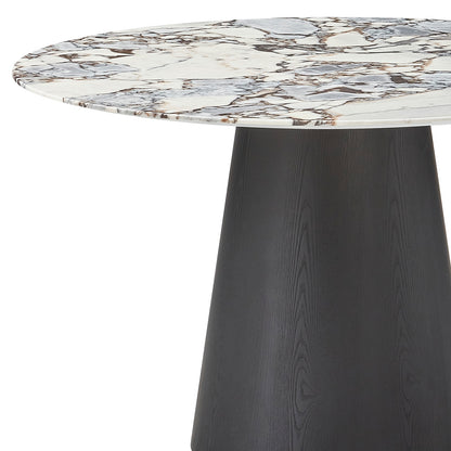 Dina 120cm Round Marble Dining Table features a white marble top with gray and tan veining on a dark wood pedestal base, offering a refined, space-saving design for modern dining spaces.