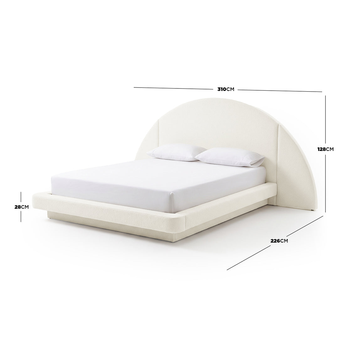 Upholstered bed on a white background with dimension measurements shown