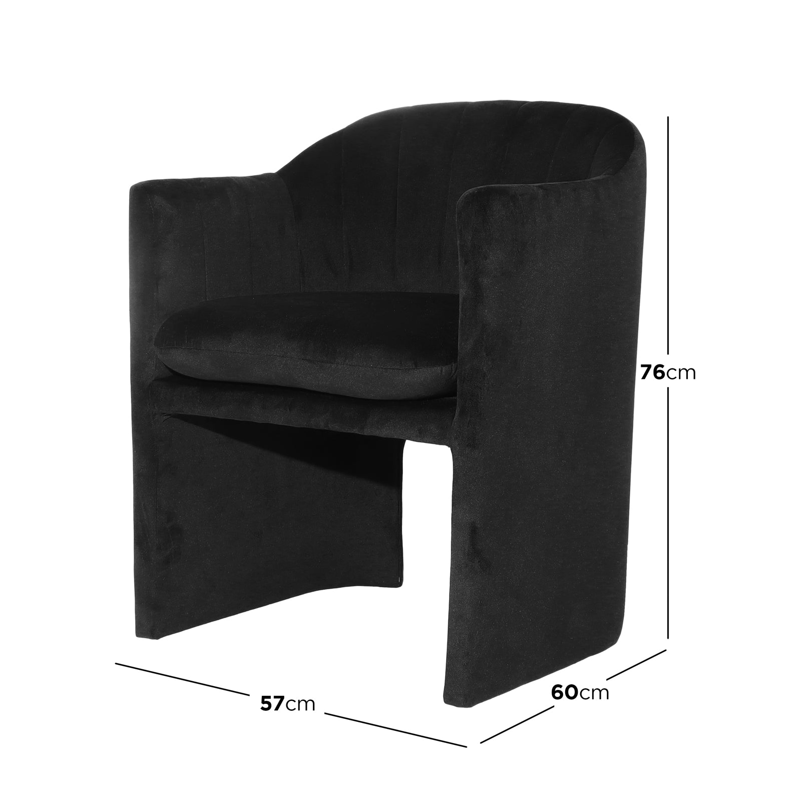 Liora Velvet Curved Accent Armchair in Black features a plush velvet finish, curved armrests, removable seat cushion, and solid wood frame, measuring 76 cm tall, 60 cm deep, 57 cm wide.