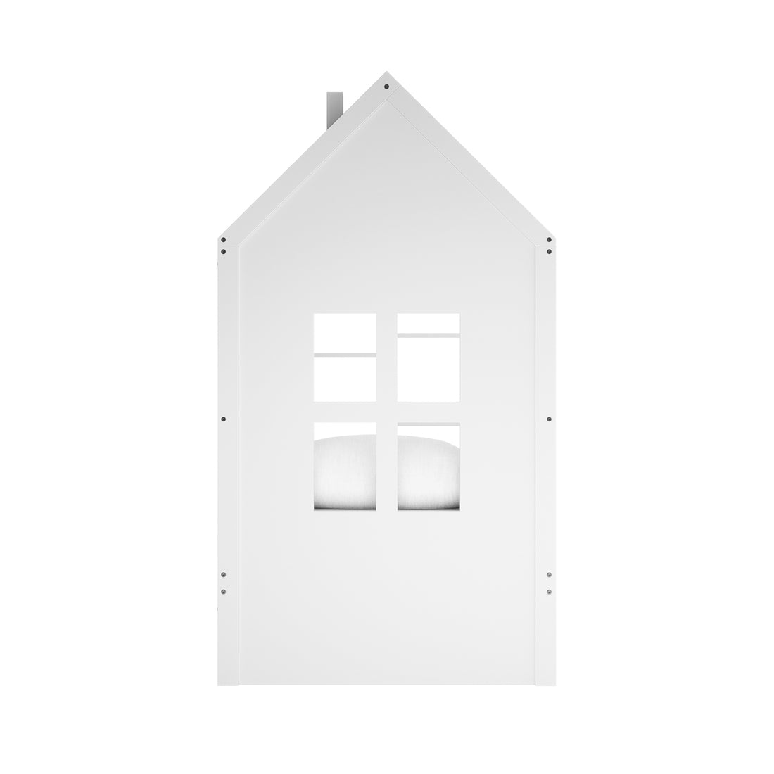 Haron Single Cubby House Bed Storage in White features a peaked-roof frame with a window cutout, revealing a glimpse of a pale cushion, perfect for creating a cozy, organized play space.