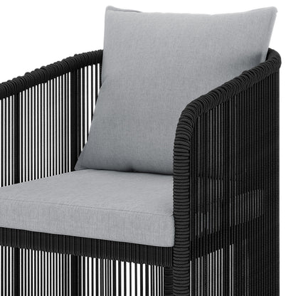 Vellora 4 Seater Wicker Outdoor Dining Set in Black features a modern rope-woven chair with black frame and light gray cushions, perfect for a stylish and comfortable alfresco dining experience.