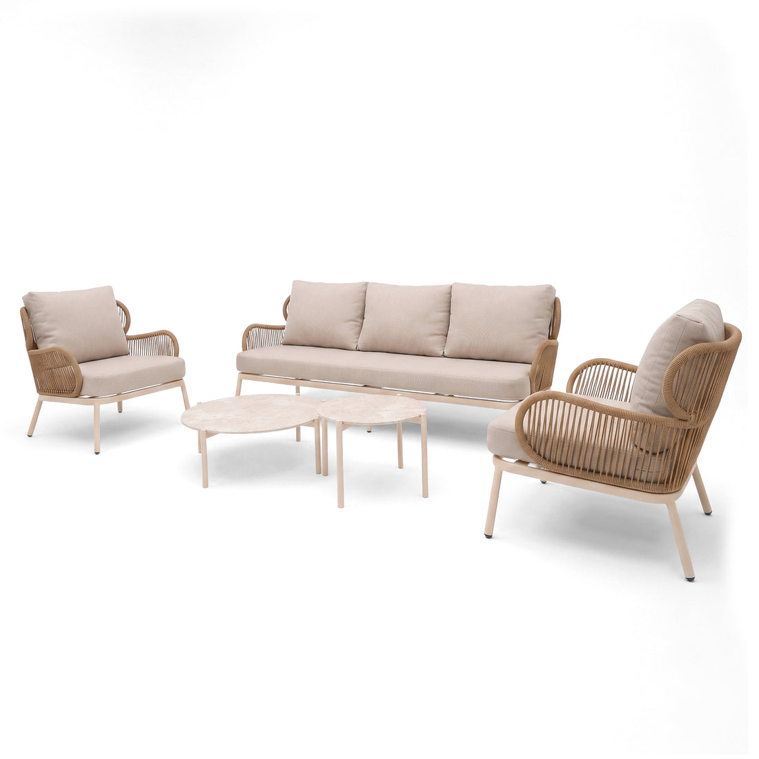 Complete seating set with sofa, two armchairs, and two coffee tables on a white background