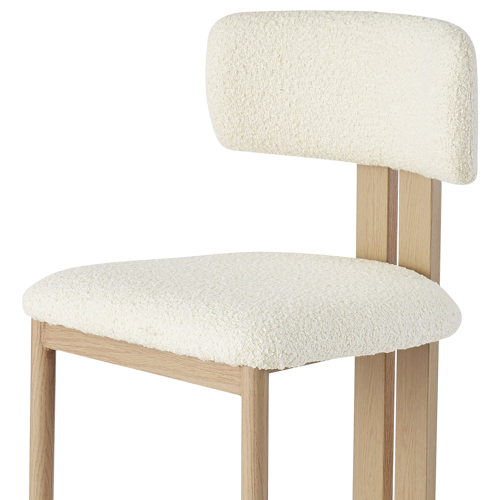 Haleo Curved Boucle Fabric Barstool Set of 2 in Cream White features minimalist design with light-wood legs and off-white bouclé upholstery. The supportive backrest and durable wood-look metal legs enhance comfort and style.