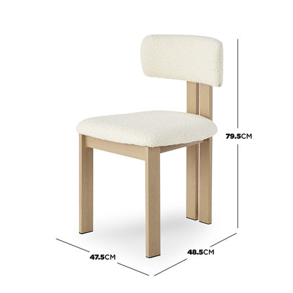 Haleo Curved Boucle Dining Chair Set of 2 in Cream White featuring a light-natural wood frame, off-white bouclé upholstery, supportive curved back, and sturdy metal legs. Dimensions: 79.5 cm height, 48.5 cm depth, 47.5 cm width.