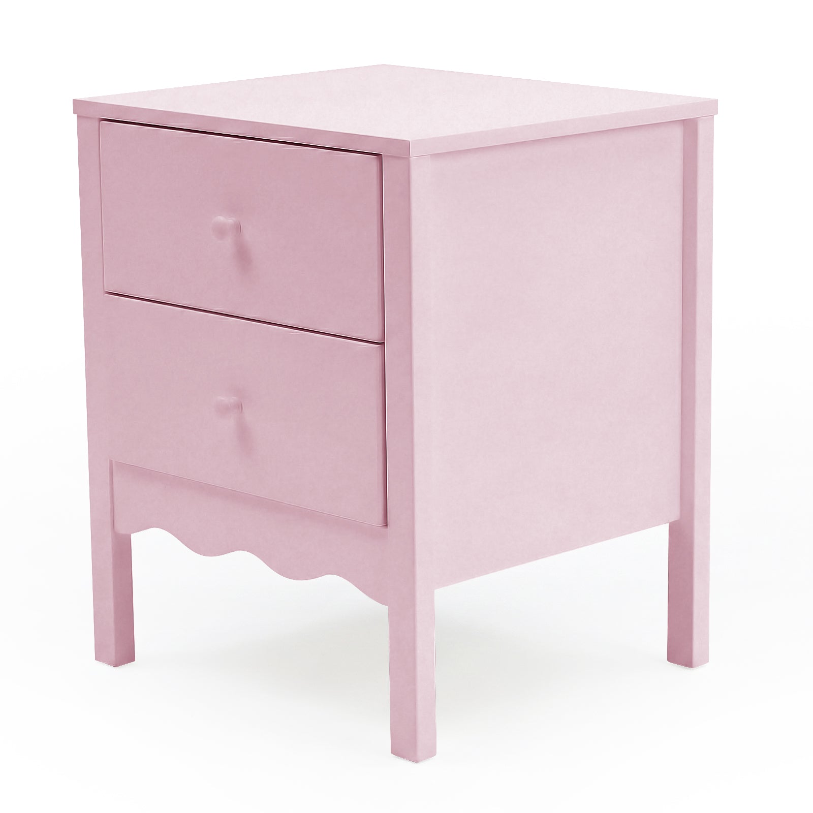 Pink nightstand with two drawers on white background, front-side view