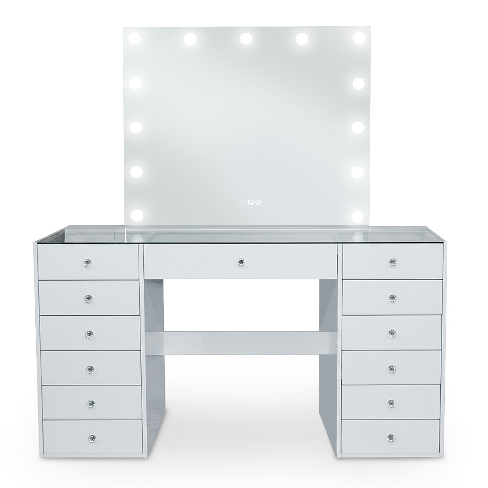 White vanity table with illuminated mirror and 12 drawers on white background
