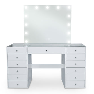 White vanity table with illuminated mirror and 12 drawers on white background