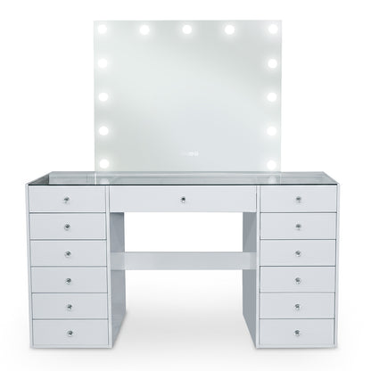 White vanity table with illuminated mirror and 12 drawers on white background