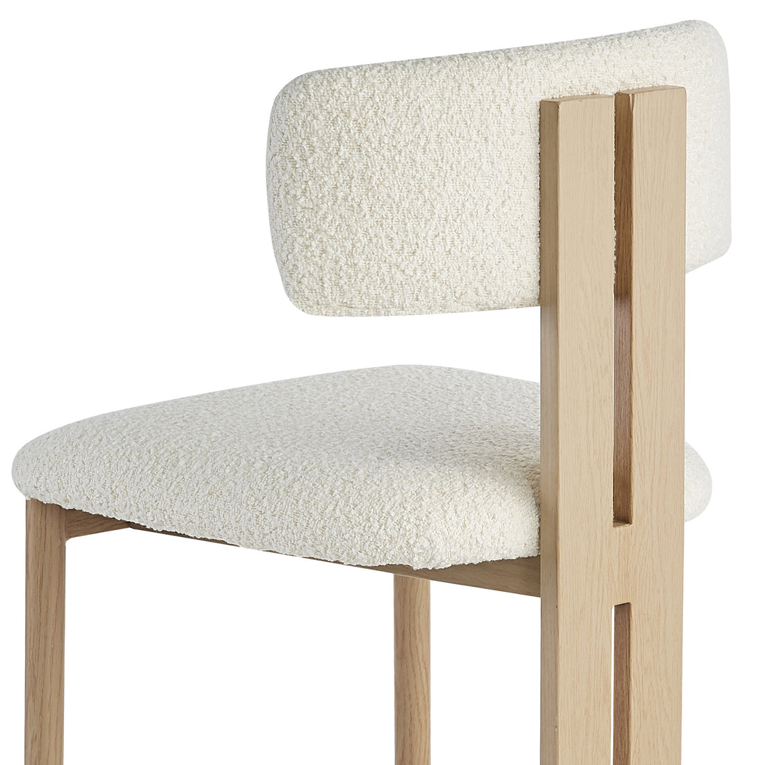 Haleo Curved Boucle Fabric Barstool Set of 2 in Cream White, featuring a minimalist design with light wood-look metal legs, a tall arched backrest, and off-white boucle upholstery for comfort and style.