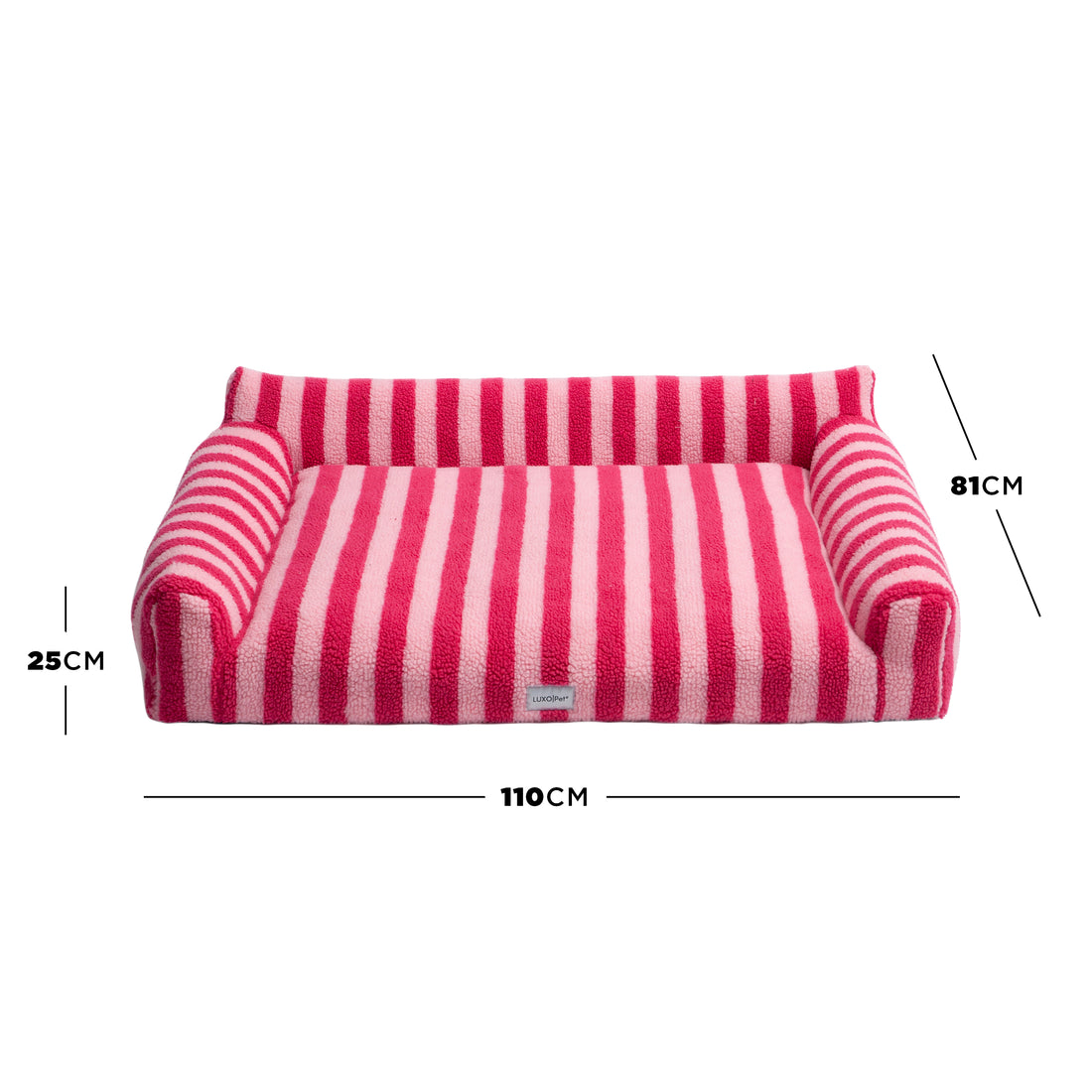 Pink striped pet bed on white background with dimension lines marking 25 cm, 81 cm, and 110 cm
