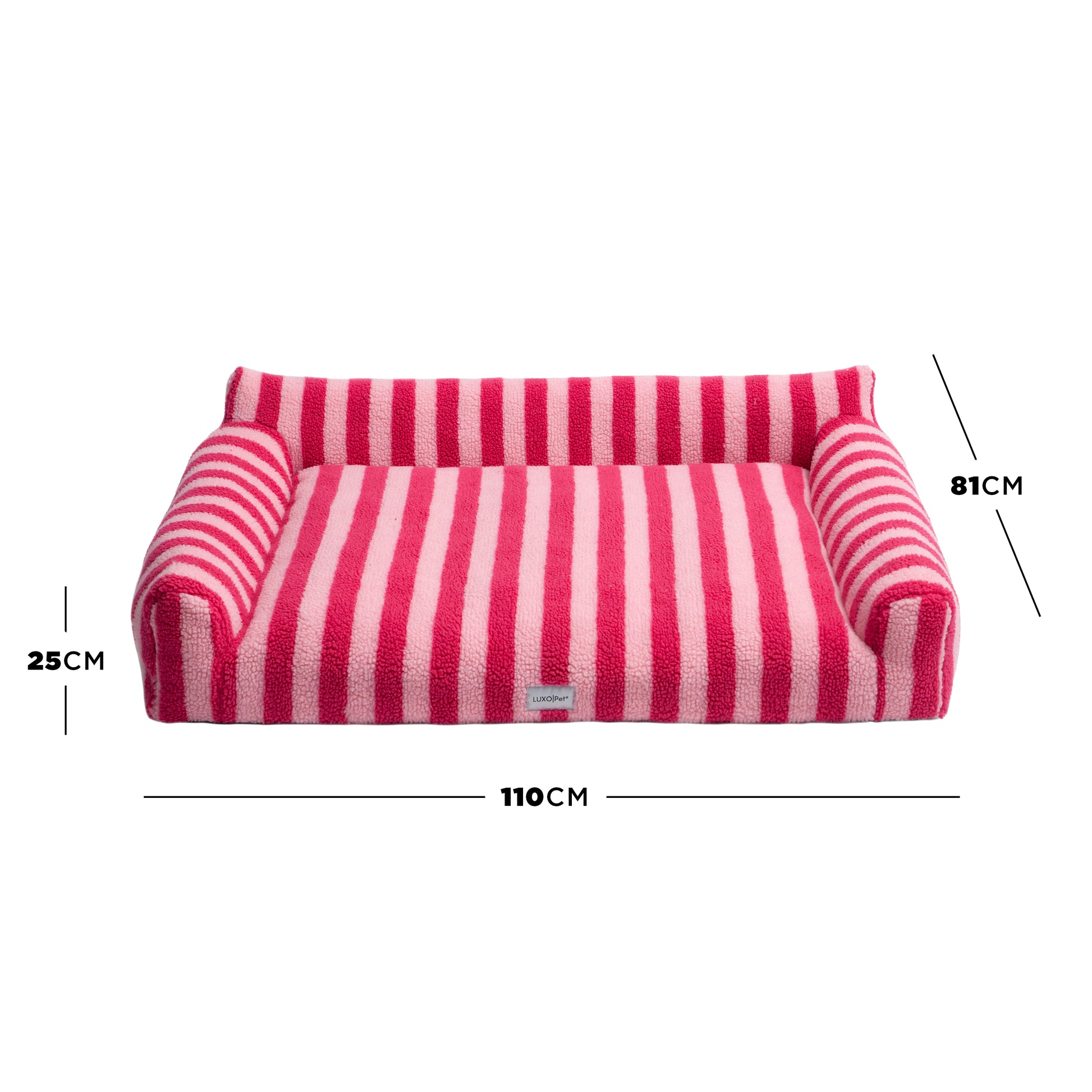 Pink striped pet bed on white background with dimension lines marking 25 cm, 81 cm, and 110 cm
