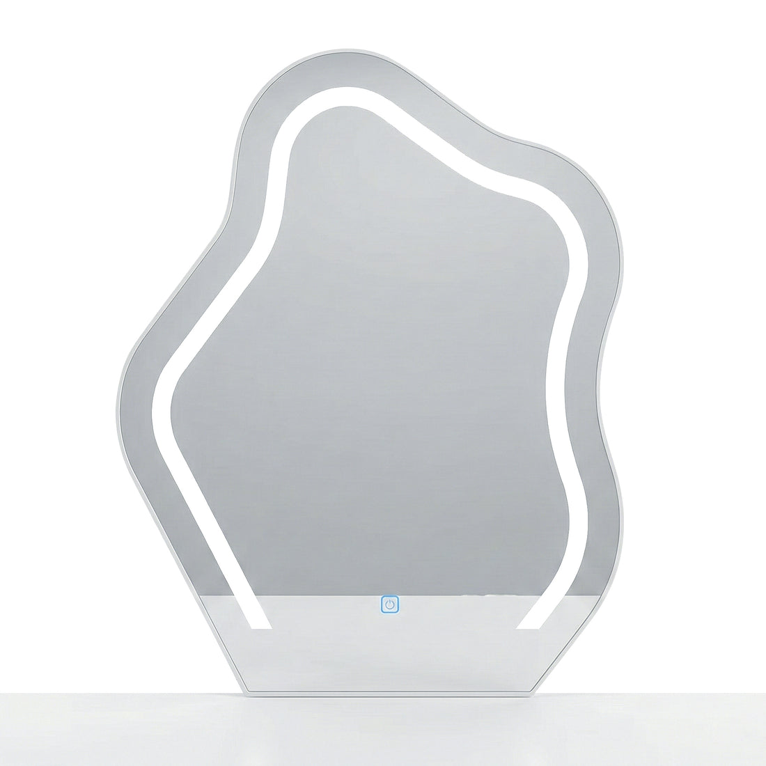 Organic-shaped LED wall mirror on white background