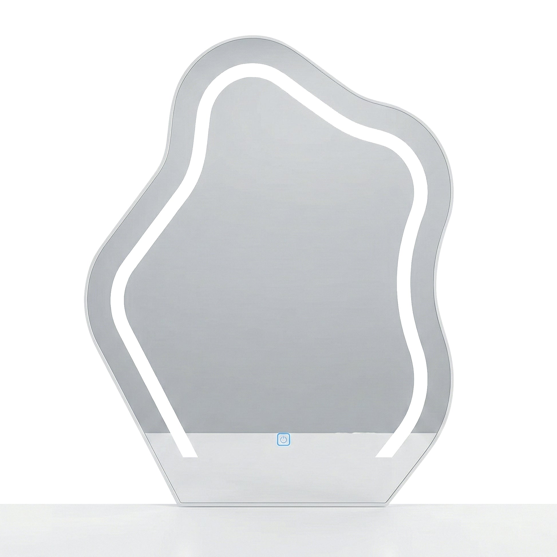 Organic-shaped LED wall mirror on white background
