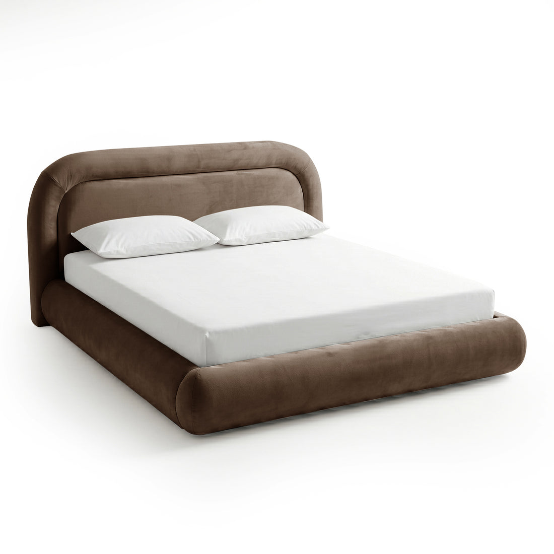 Three-quarter view of a taupe upholstered bed with white mattress on a white background