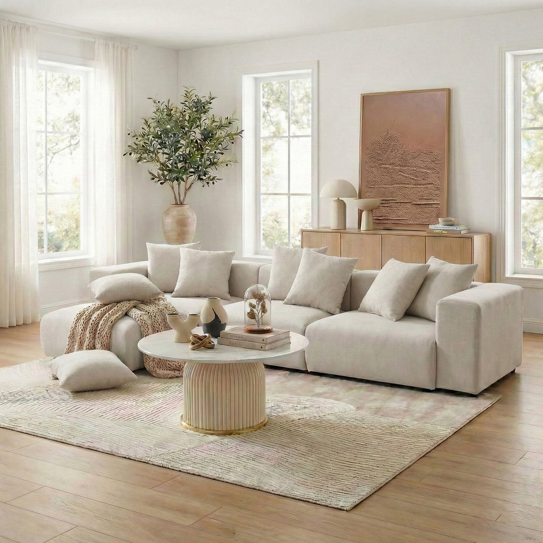 Beige L-shaped sectional sofa in stylish living room