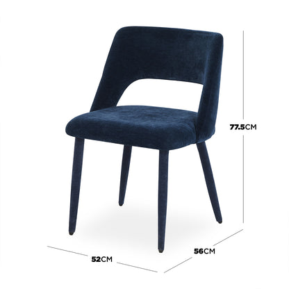 Dark blue upholstered chair on white background with dimension lines showing height 77.5 cm, depth 56 cm, width 52 cm