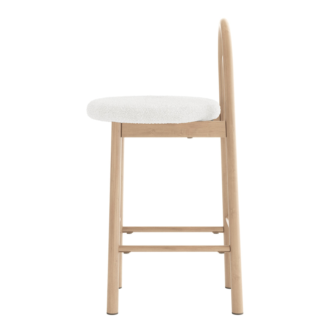 Side view of a modern chair with a light wood frame and white cushioned seat on a white background