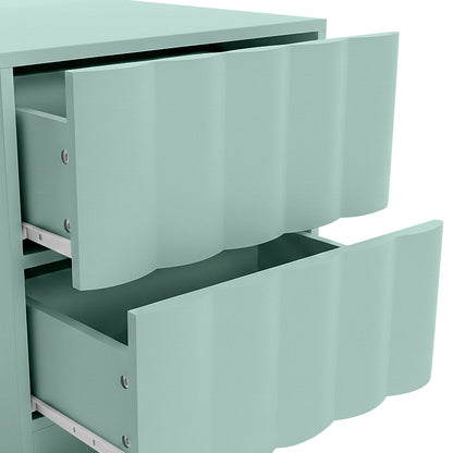 Close-up of mint green cabinet drawers with wavy front on white background
