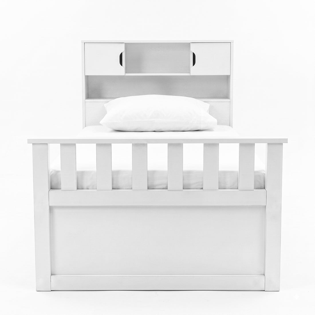 Front view of a white storage bed on a white background