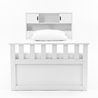 Front view of a white storage bed on a white background