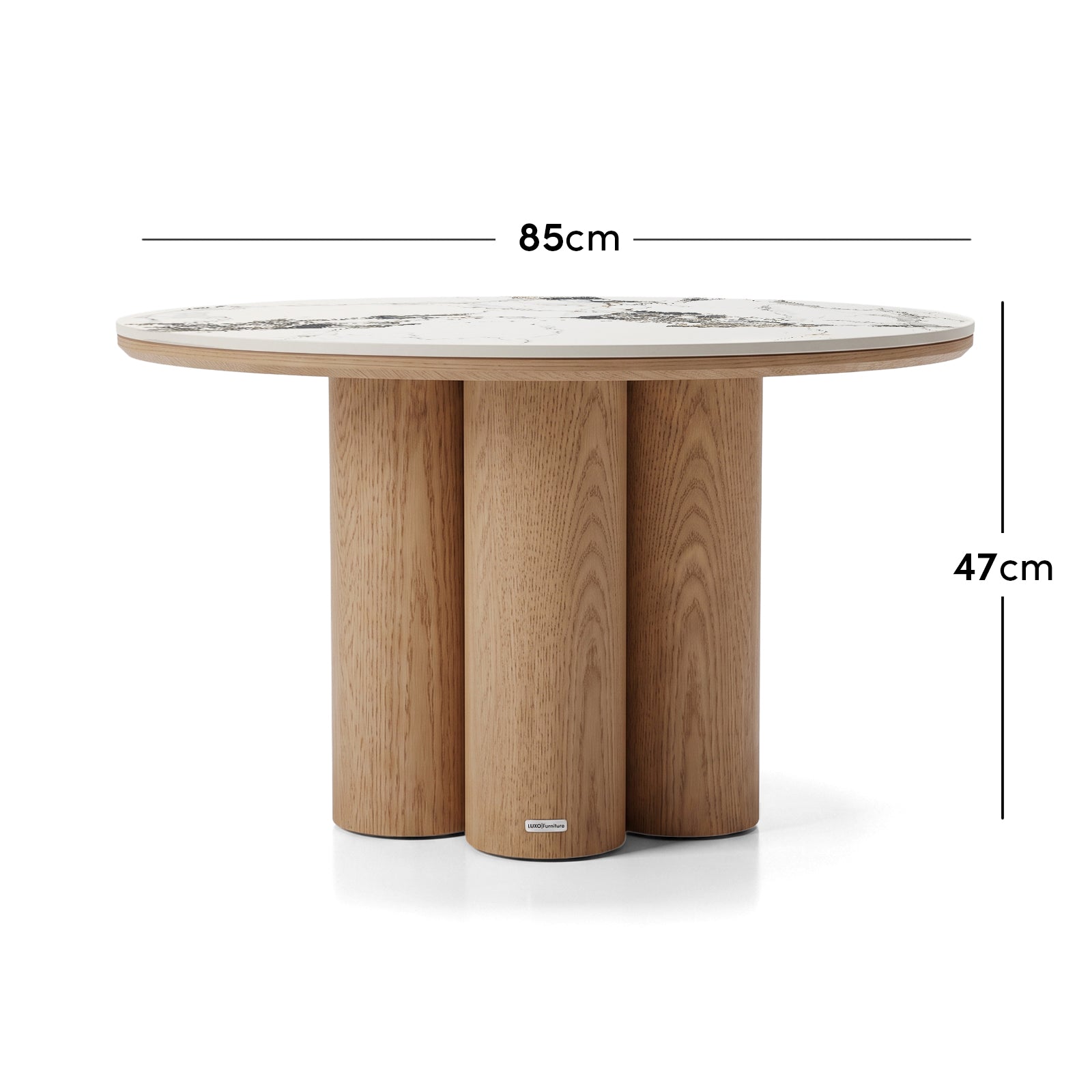Round table on a white background with dimensions marked as 85 cm wide and 47 cm high