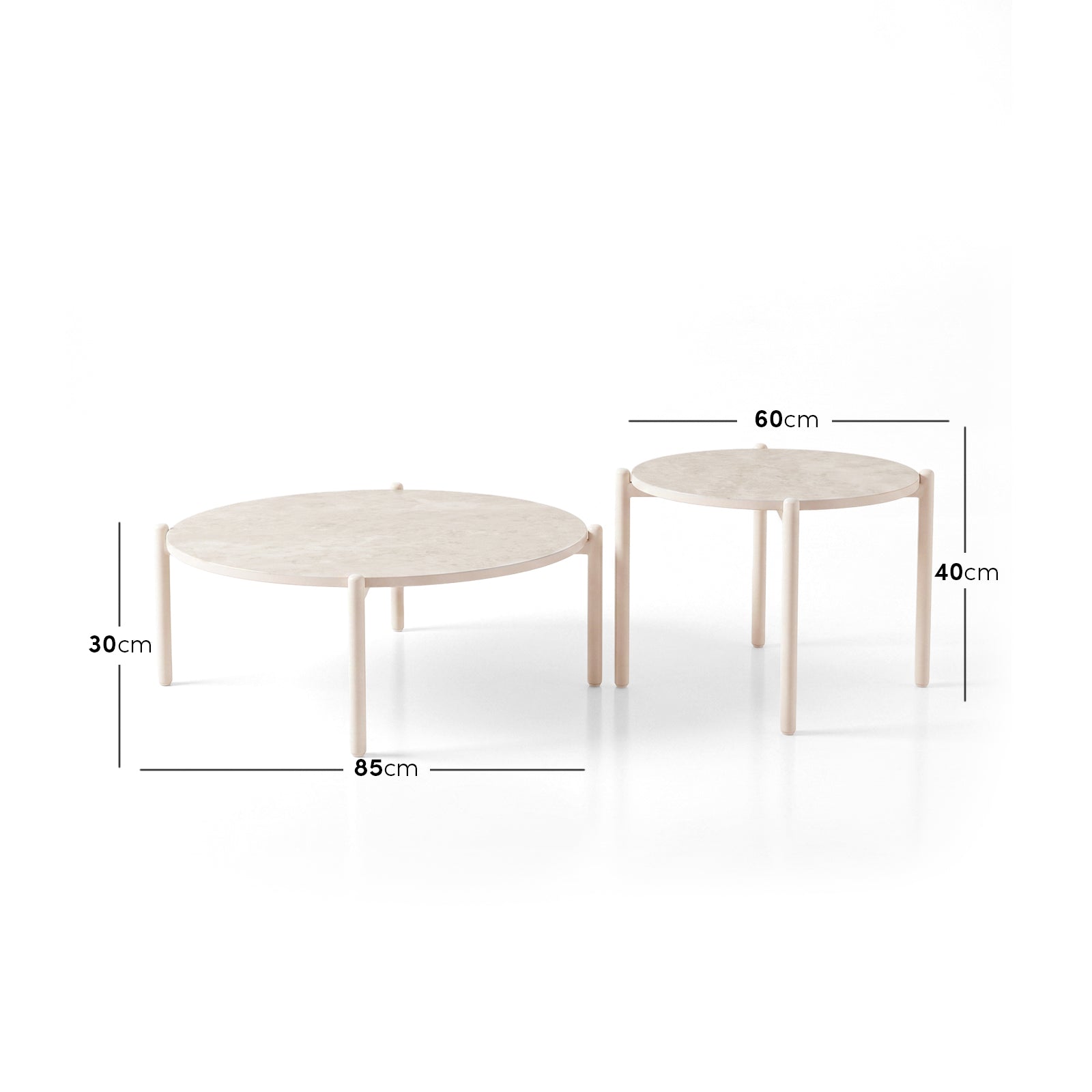 Two nesting round tables on a white background with dimensions labeled