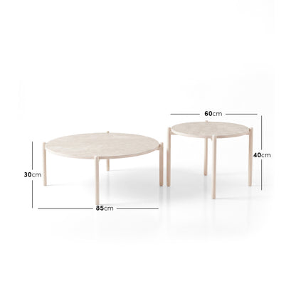Two nesting round tables on a white background with dimensions labeled