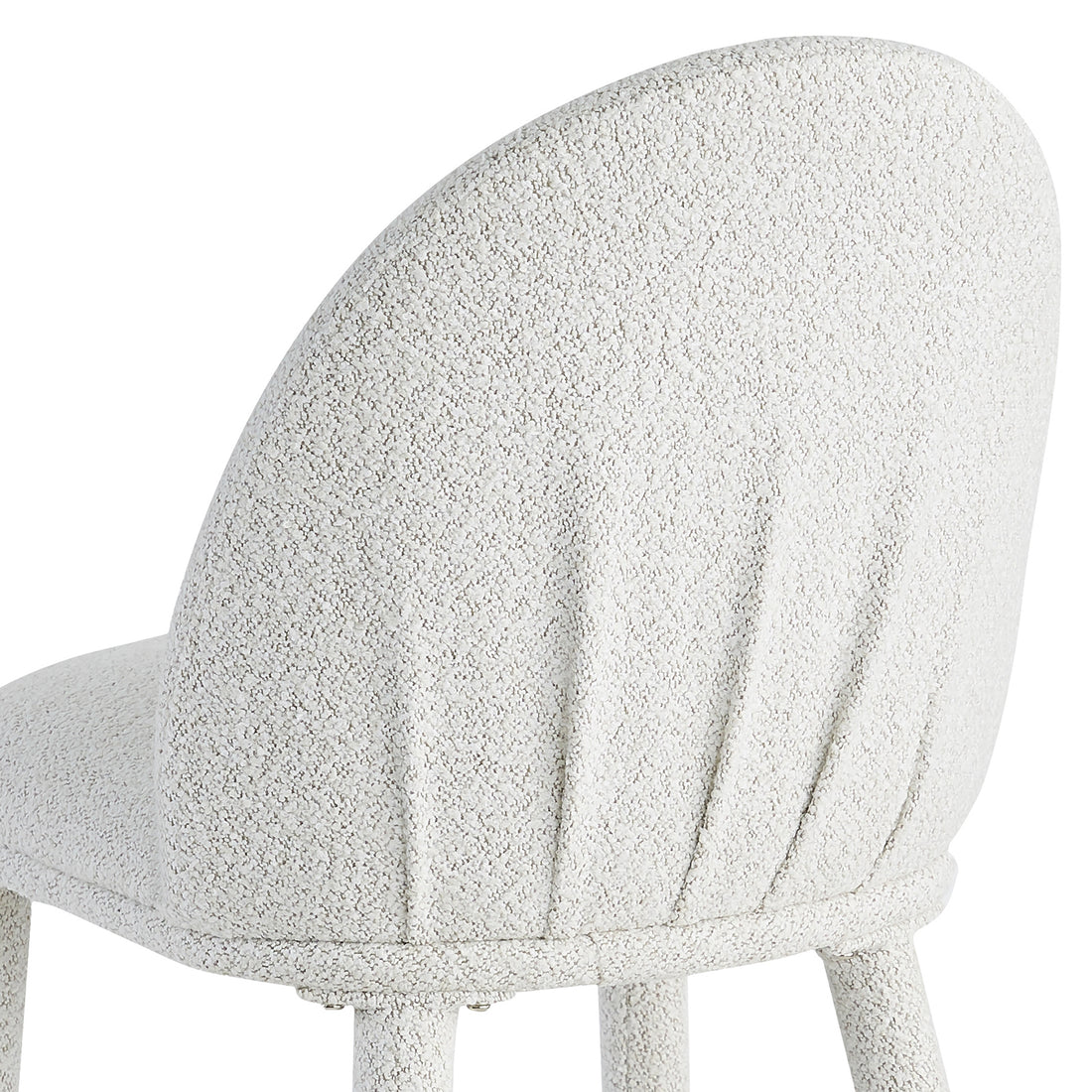 Joren Boucle Arched Dining Chair Set of 2 in Cream, featuring a textured off-white bouclé fabric, vertical pleated curved backrest, and matching wrapped legs, offering style and comfort.