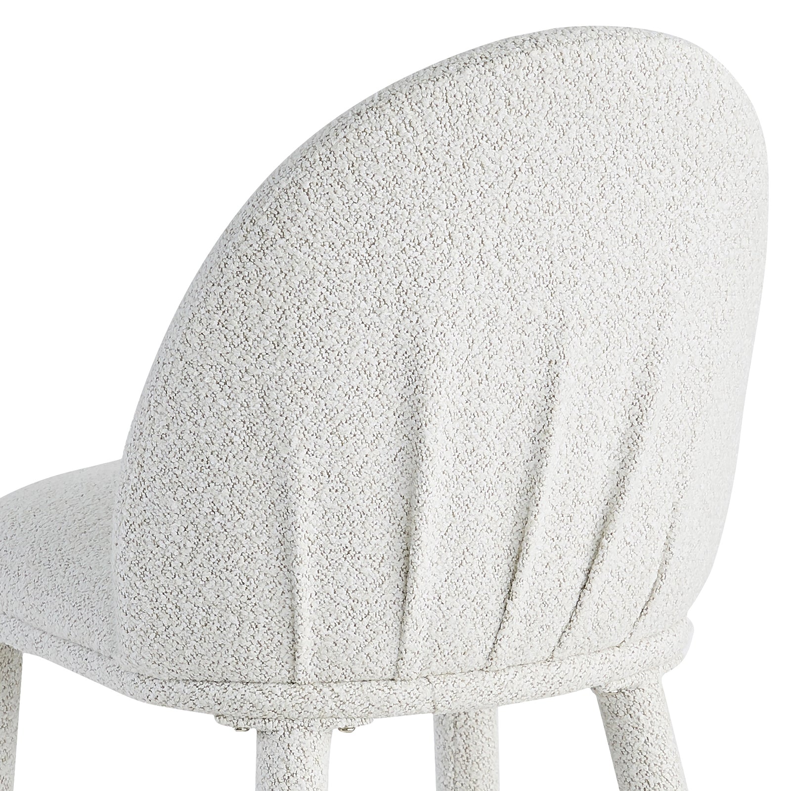 Joren Boucle Arched Dining Chair Set of 2 in Cream, featuring a textured off-white bouclé fabric, vertical pleated curved backrest, and matching wrapped legs, offering style and comfort.