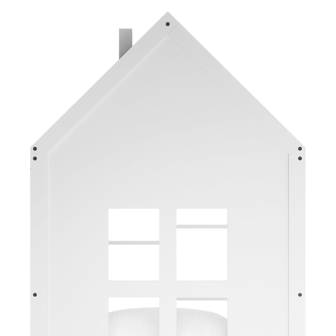 Haron Single Cubby House Bed Storage in White, featuring a peaked roof and window cutout, part of a child’s bed frame. Visible screw fasteners hint at its sturdy construction.