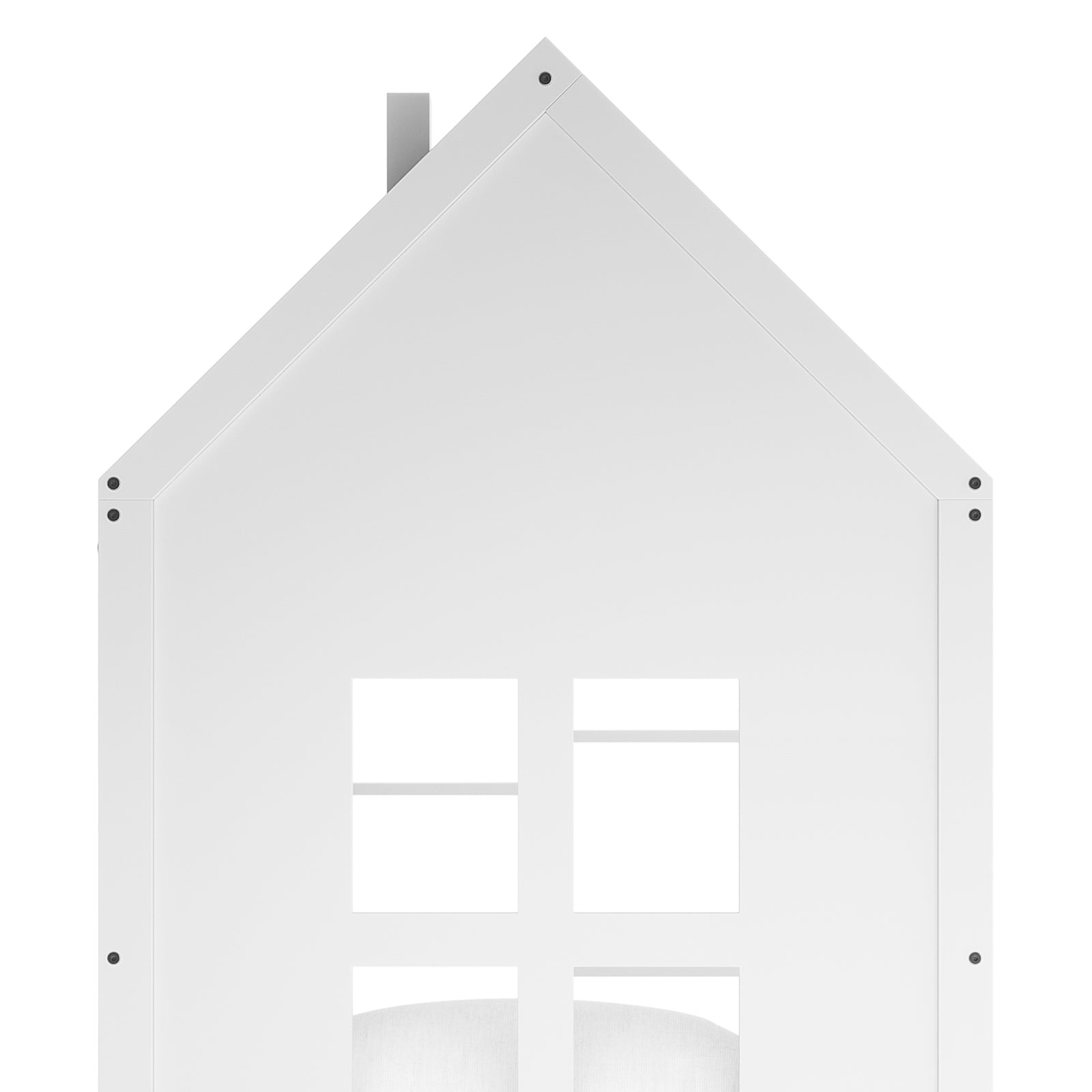 Haron Single Cubby House Bed Storage in White, featuring a peaked roof and window cutout, part of a child’s bed frame. Visible screw fasteners hint at its sturdy construction.