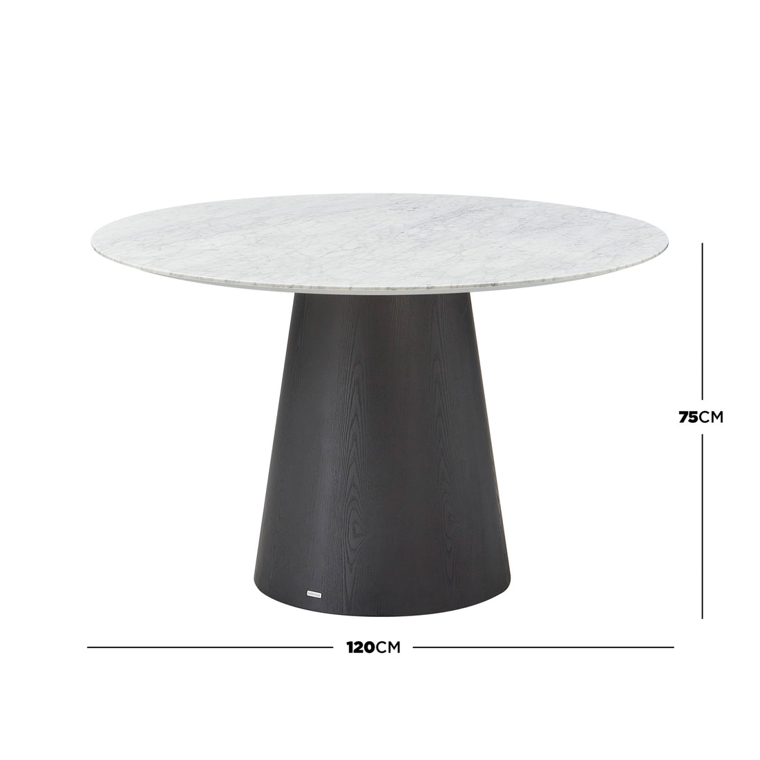 Dina 120cm Round Marble Dining Table features a sleek white marble top and dark-wood conical base, measuring 120cm in diameter and 75cm in height, offering elegant, compact dining luxury.